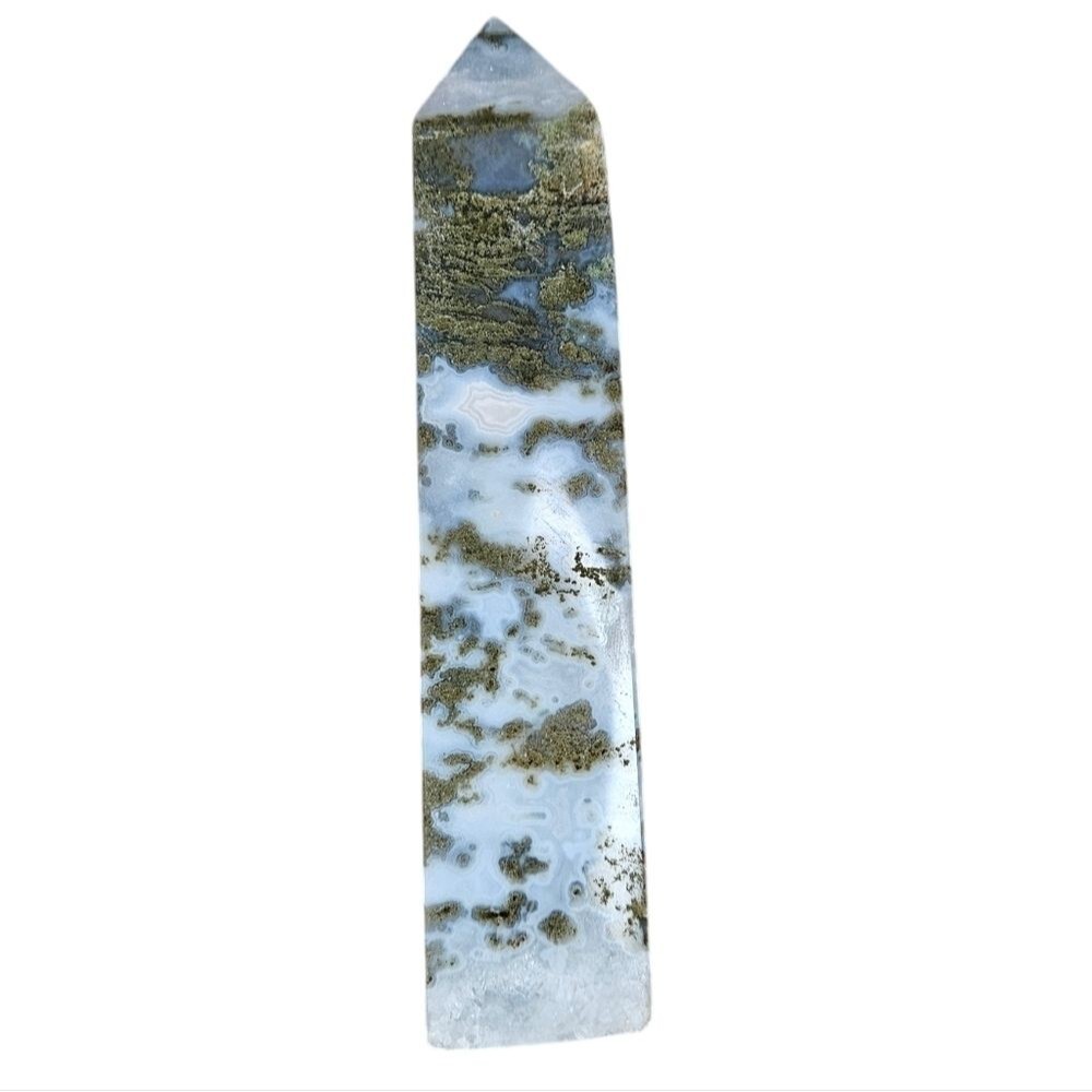 Large Moss Agate Tower with Druzy Inclusions 6" NWT